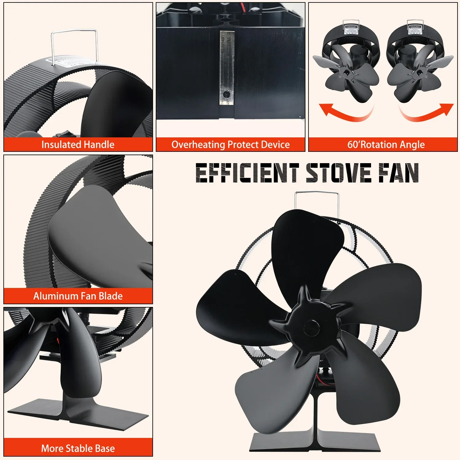 TXF【Reliable】6 Blades Mini Stove Fan Heat Powered Fireplace Fan Log Wood Burner Eco-fan Quiet Fireplace Fan Home Efficient Heat view 6