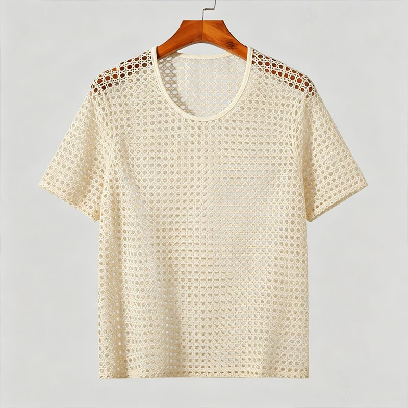 Herren Ausgehöhltes Häkel-Strick-T-Shirt Rundhals Kurzarm Durchsichtiges Netz-Oberteil Atmungsaktives Vintage Strand-Party Freizeit-T-Shirt S-2XL – Detail 4