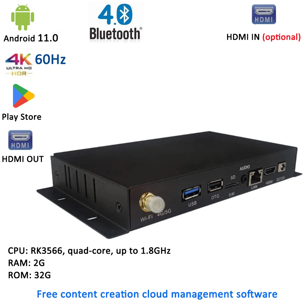 RK3588 RK3566 RK3576 Metalen behuizing Android 4K UHD HD-MI 4G GPS-module met 4+64G breedbandnetwerk CMS Digital Signage mediaspeler