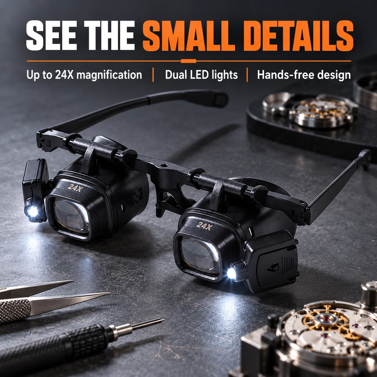 24X LED Magnifier Glasses with Interchangeable Lenses Hands-Free Head Mounted Loupe for Watch Repair Jewelry Crafts