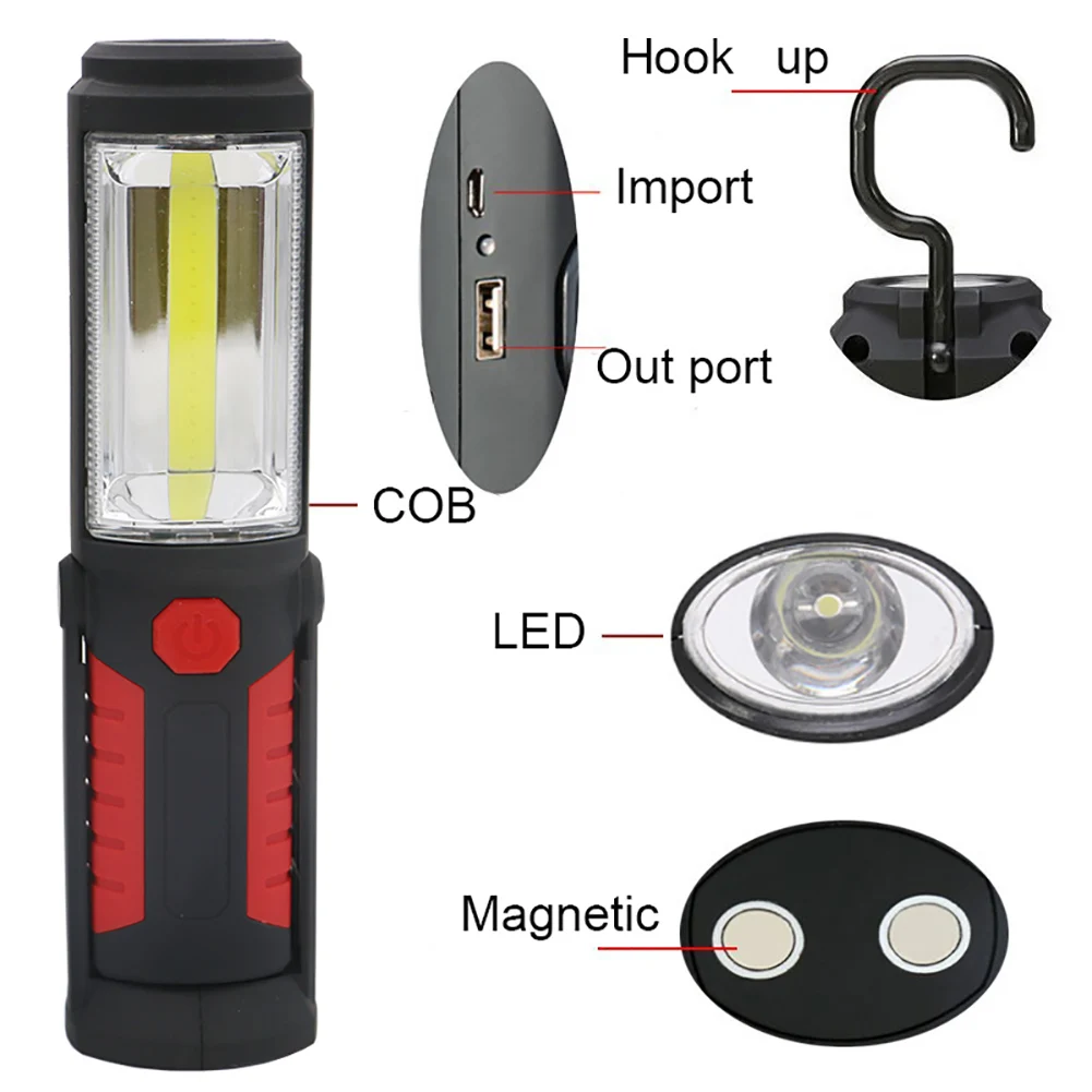 COB Working Light LED 90° Rotate Torch Flashlight Waterproof Camping Lamp Magnet USB Charge Car Repair Light Hook Lanterna