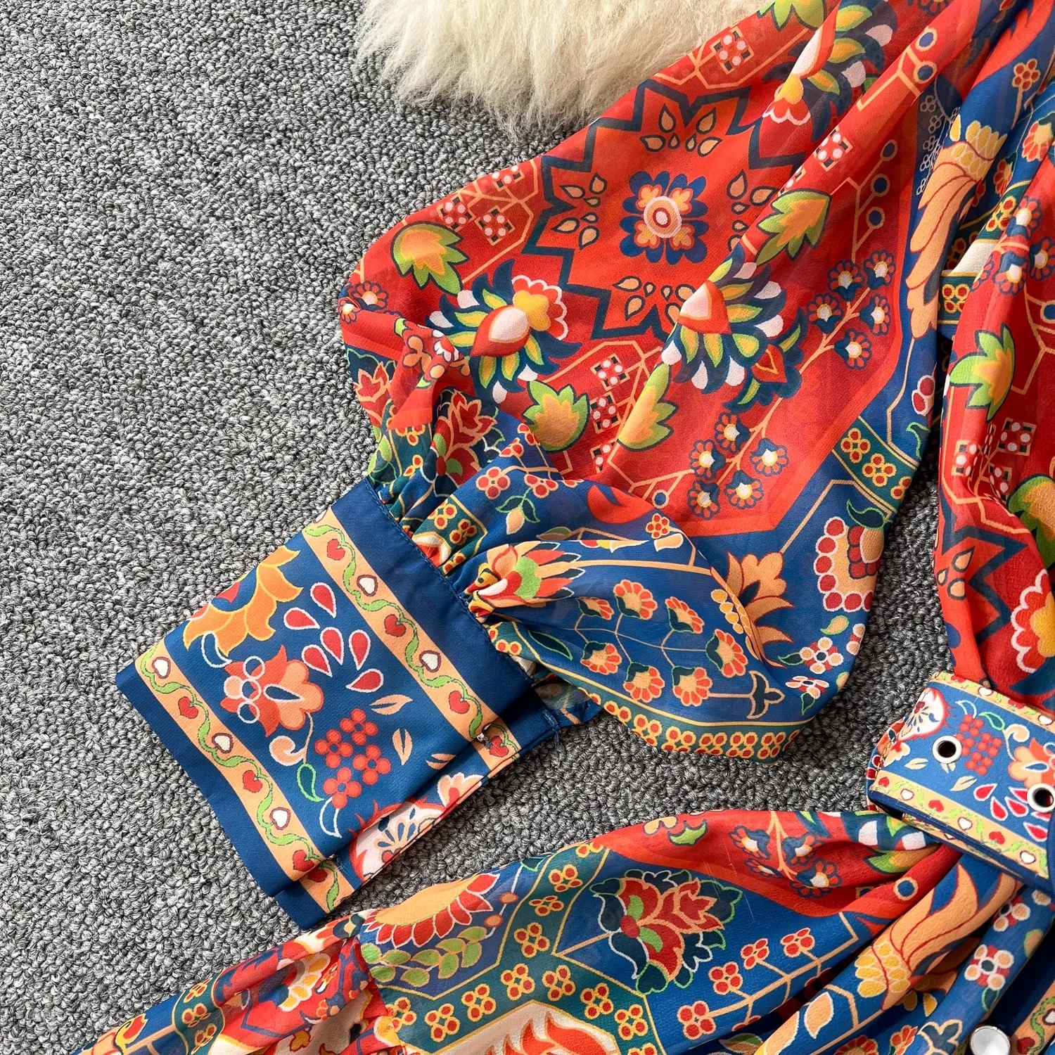 Fashion Bohemain Flower Maxi Dress Women's Stand Collar Long Lantern Sleeve Single Breasted Floral Print Belt Boho Robe Vestido