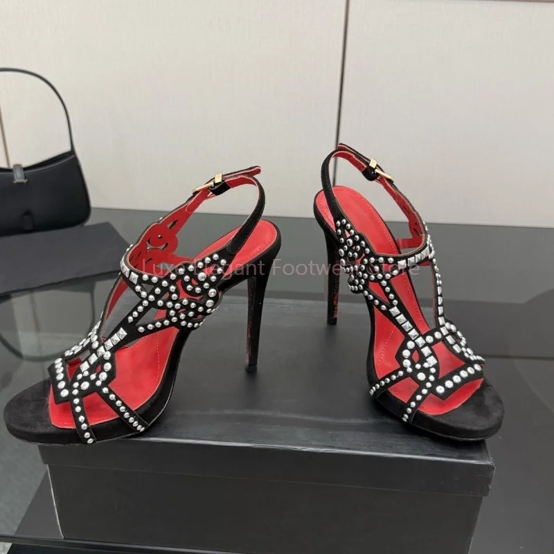 

Black Suede Crystal Hollow Stiletto Sandals Women Rivets Open Toe Slingback High Heels Sexy Fashion Ankle Strap Party Dress Shoe