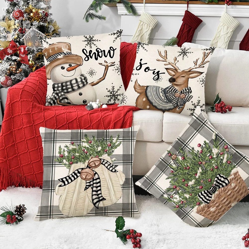 

4pcs Linen Christmas Pillow Cover Invisible Zipper Design Christmas Tree Elk Snowman Pattern Throw Pillowcase For Sofa Couch