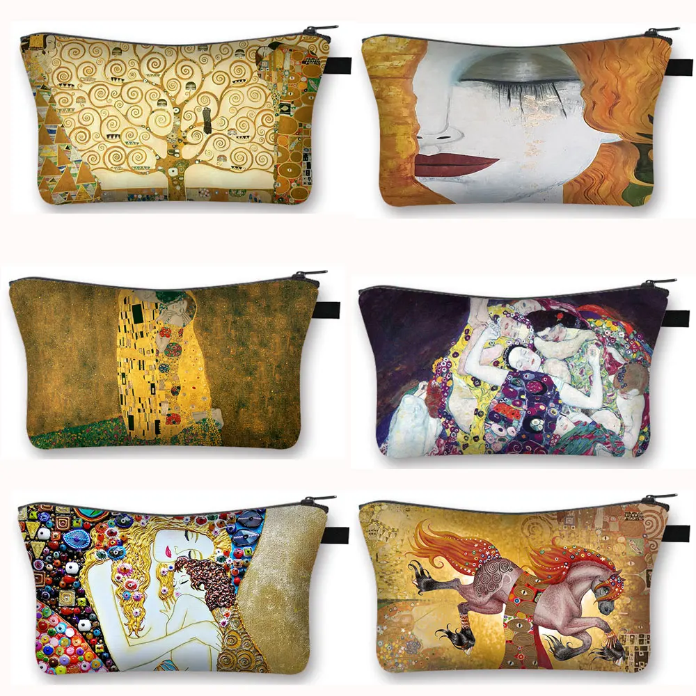 

Oil Painting By Gustav Klimt Cosmetic Case Kiss Tears La Virgen Women Makeup Bags Girl Toiletries Bag Lipstick Cosmetic Bag