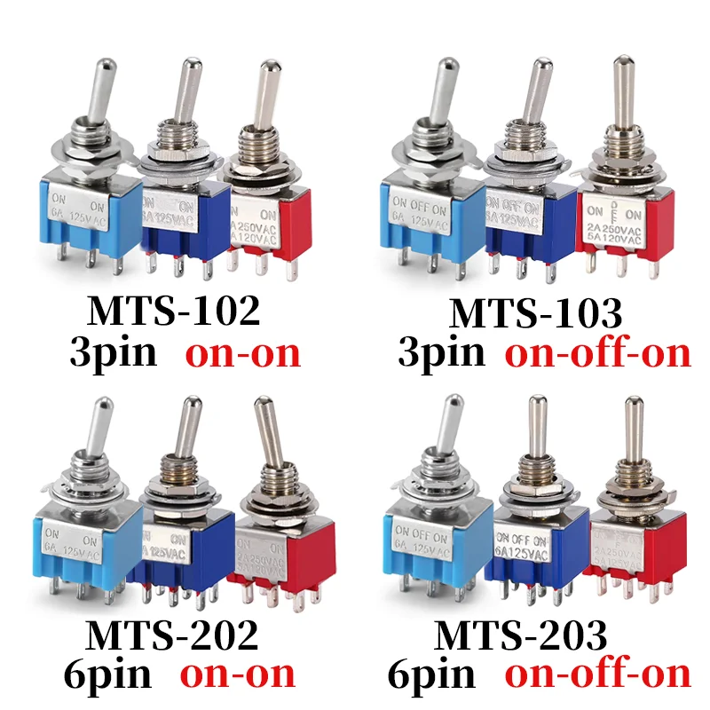 10pcs MTS-102 103 MTS-202 203 Toggle Switch 6A 125VAC on on SPDT 6mm Mini Switch DPDT on off on Waterproof Cap