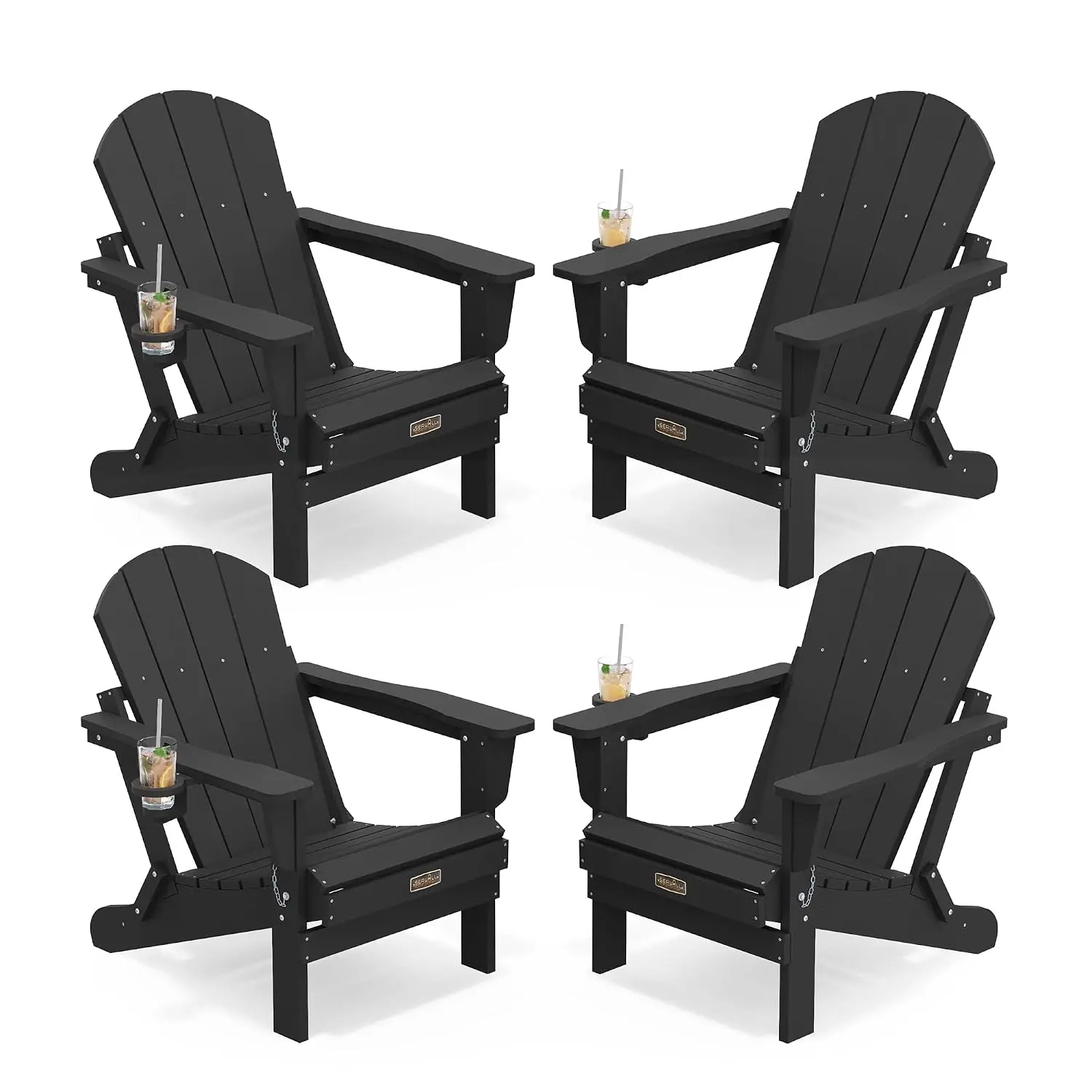 All Weather Folding Adirondack Chair Set of 4 with Cup Holder for Patio Garden Fire Pit, Wood Texture, SGS Tested, Customized