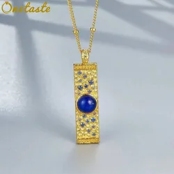 Lapis Lazuli CZ 925 Silver Gold Plated Hammered Bar Pendant Necklace Women Blue Stone Geometric Trendy Dainty Luxury Necklaces