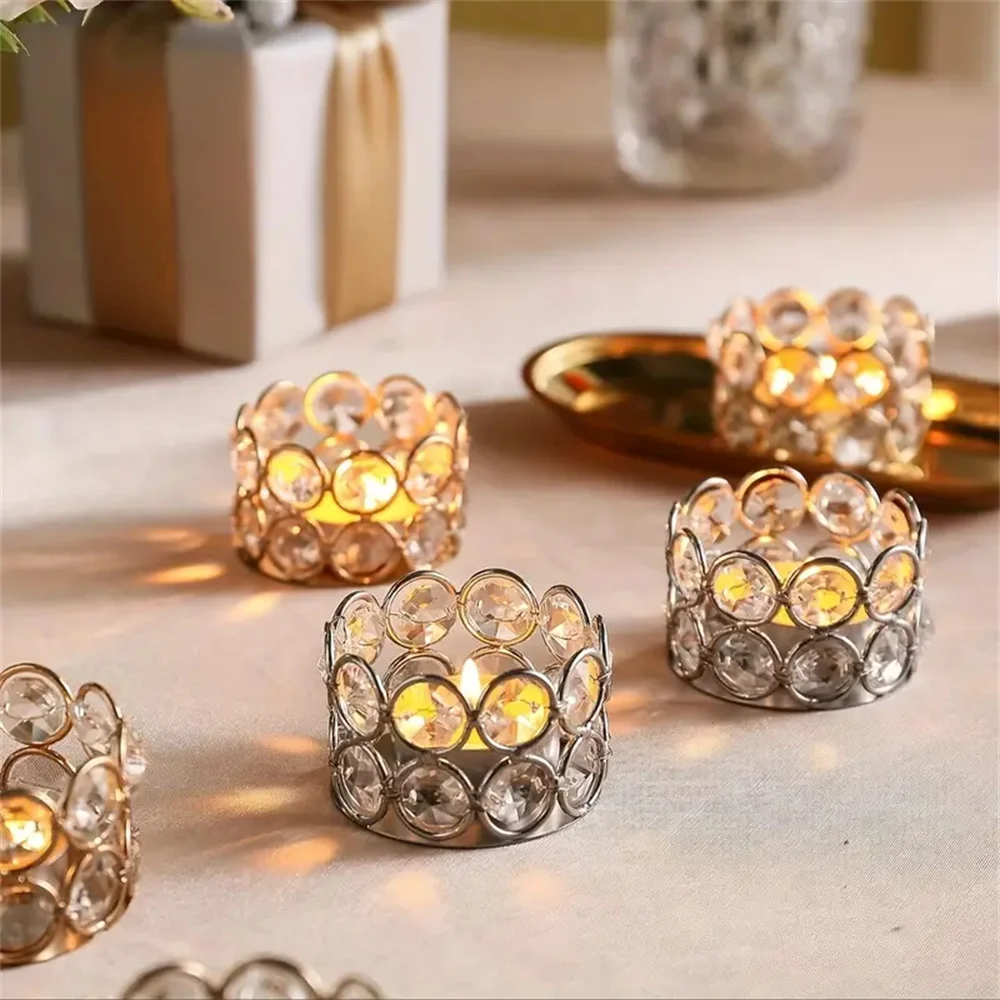 4pcs Silvery Golden Crystal Tealight Candle Holders for Home Table Bedroom Centerpiece Wedding Family Party Decor Creative Gifts