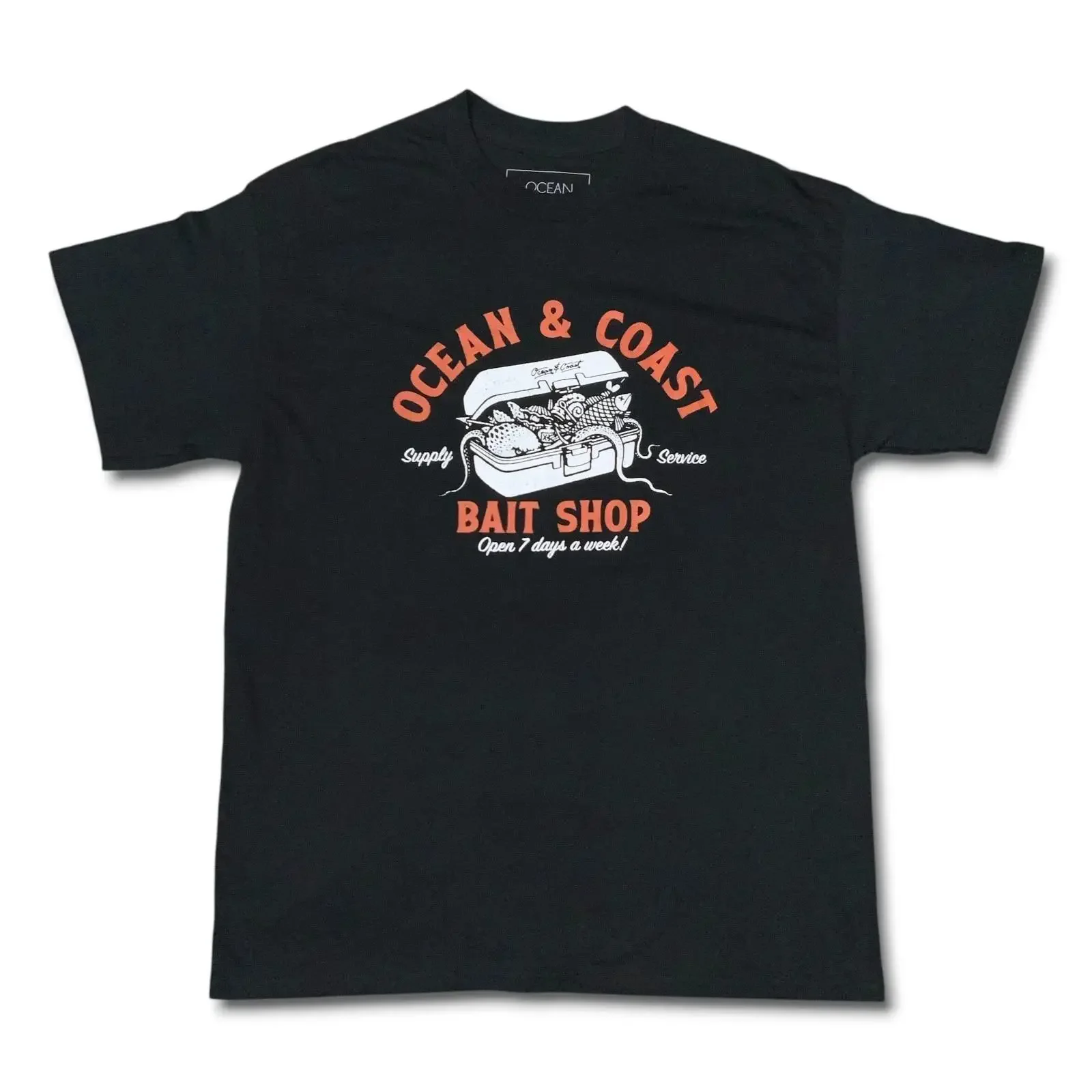 Ocean Coast Fishing T Shirt Bait Shop Worms Tackle Box Black Size Medium vintage Washed homme Slightly Unisex streetwear