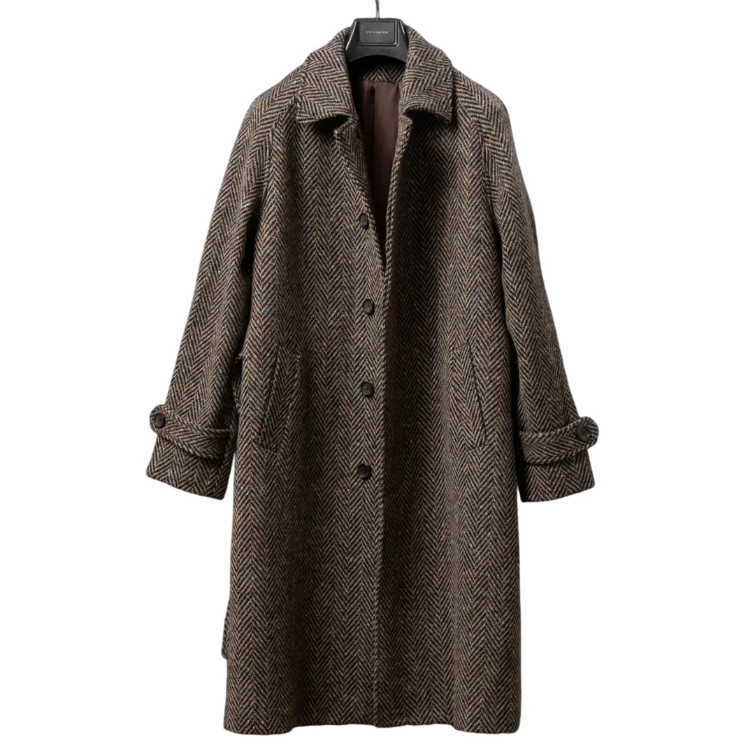 Classic Brown Herringbone Tweed Overcoat with Belted Waist and Long Length Men Autumn Vintage Coat Customized E2640