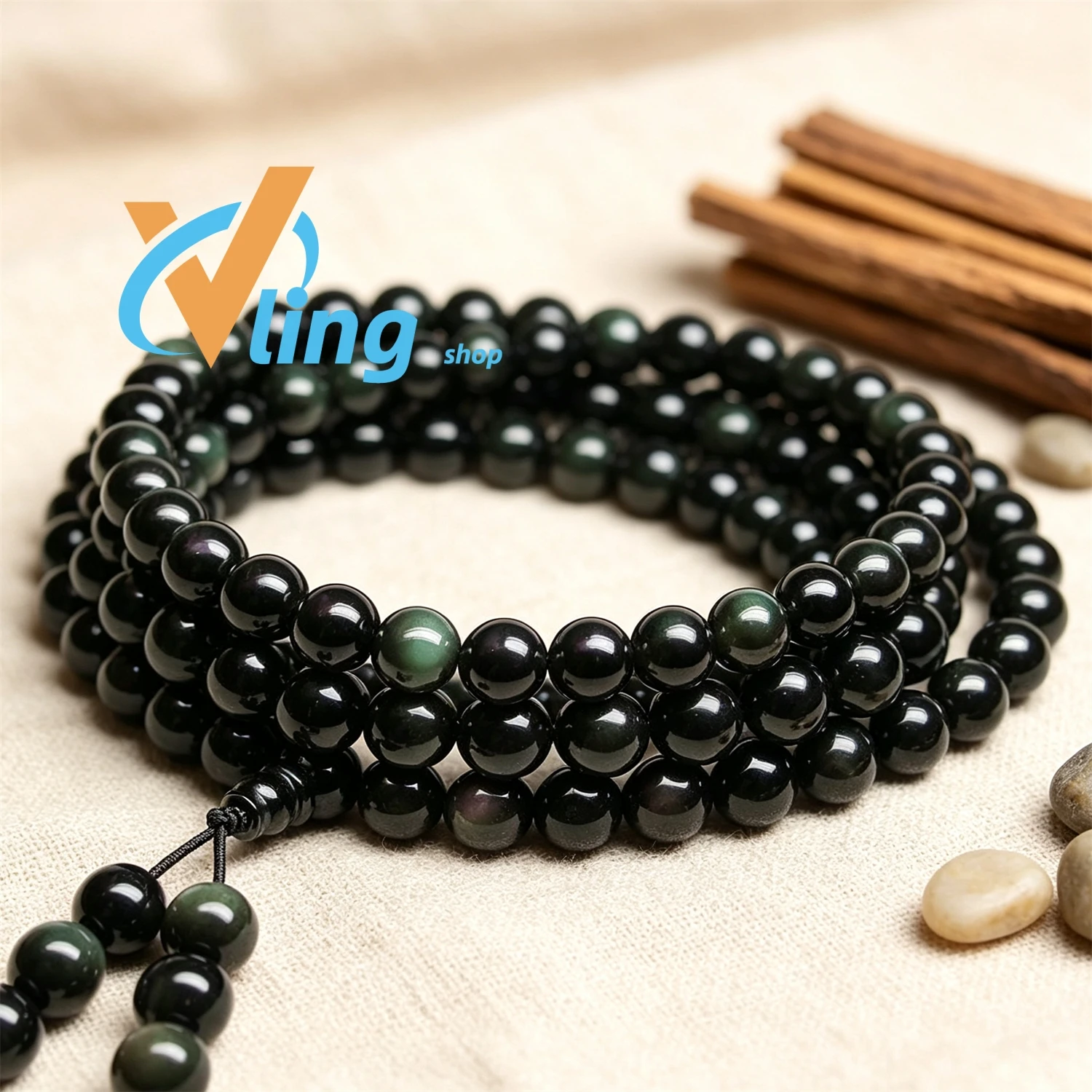 Natural Black Obsidian 108 Beads Bracelet Multi‑Layer Worry Beads Prayer Mala Bracelet Men Women Spiritual Healing Protection En