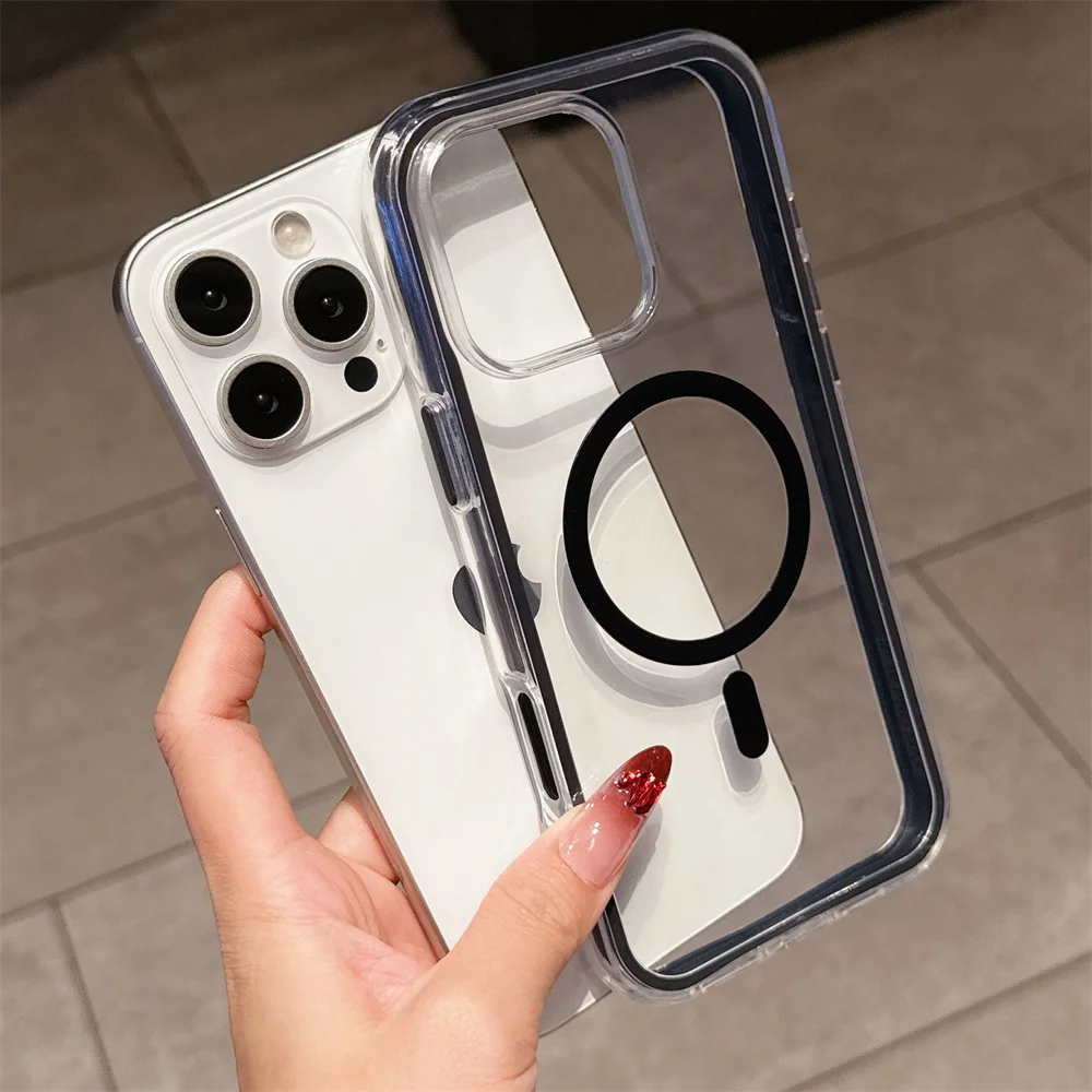 Luksusowe przezroczyste etui z miękkim kolorowym bumperem do iPhone'a 16 15 14 Plus 13 12 Pro Max 11 Odporne na wstrząsy magnetyczne etui z bezprzewodowym ładowaniem