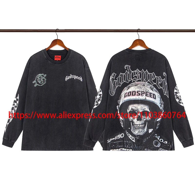 

Retro Washed Series GOD SPEED Long Sleeve Hip Hop Street Creative Pattern Printed Tops American Trend Godspeed T-shirts