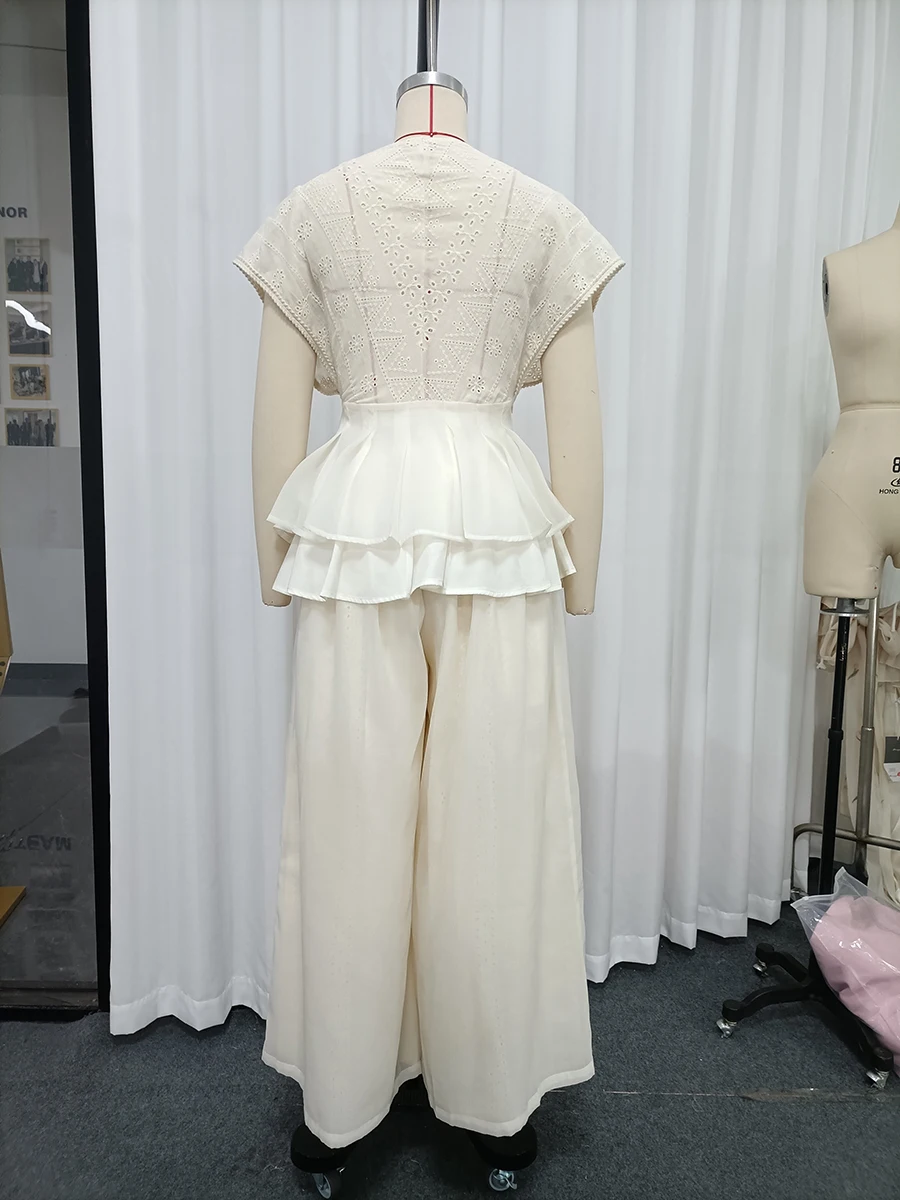 TWOTWINSTYLE Solid Spliced Embroidery Two Piece Sets for Women V Neck Sleeveless Patchwork Ruffles Top Wide Leg Pant Set Female