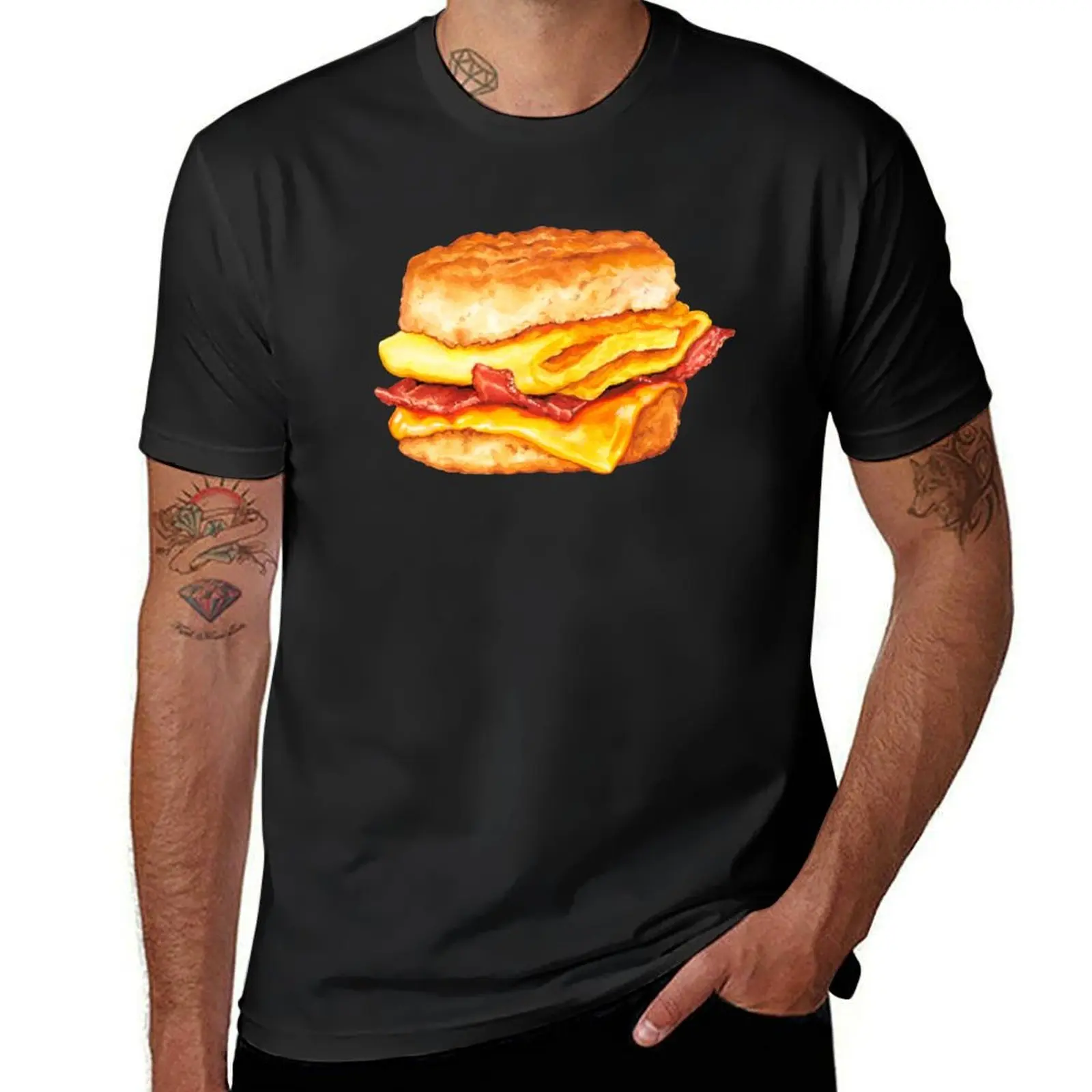 Bacon Egg & Cheese Sandwich Pattern - Black T-Shirt Short sleeve tee plus size tops oversized slim fit t shirts for men