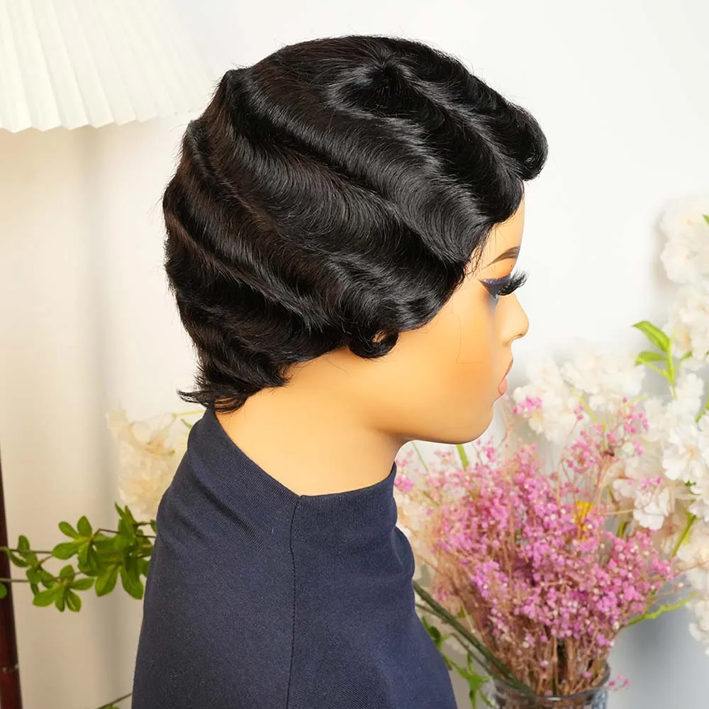 Peruki z krótkimi falami, peruka pixie cut, naturalny czarny kolor dla kobiet, krótka peruka z falami oceanicznymi, peruka wykonana maszynowo