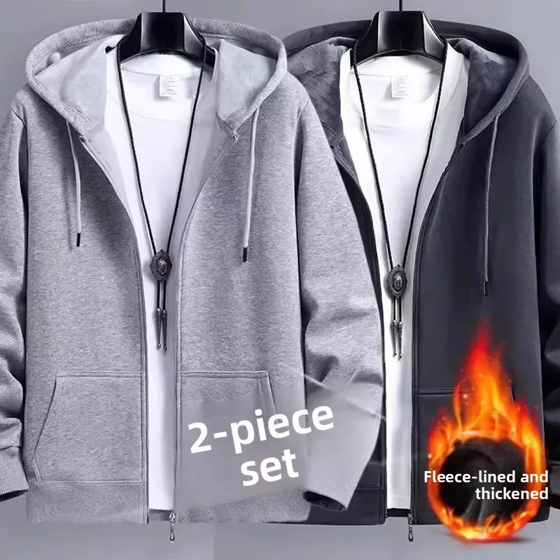 Men's Autumn Winter Fleece Lined Thickened Hoodie Loose Casual Outerwear Long Sleeve Top for Working out Zipper Closure ...