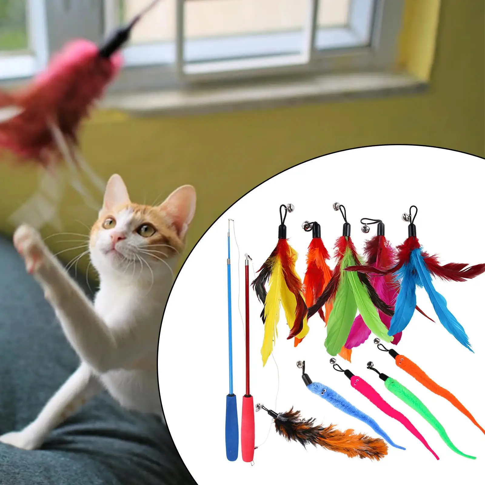 Funny Cat Feather Interactive Teaser Extendable Toys with 10 Refills Exercise Training Playing Supplies