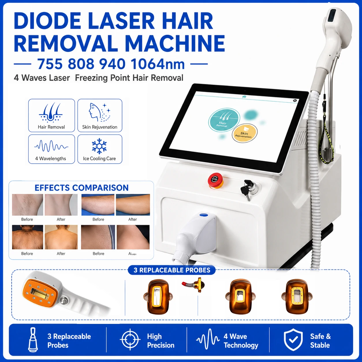 Multiport Diode Laser Ice Cool Hair Removal Machine 755 808 940 1064 Painless epilator Permanent Multiple optical ports Salon