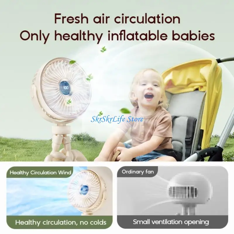 

E65E Octopuss Clip Fan Digital Display USB C Rechargeable For Baby Stroller Fan