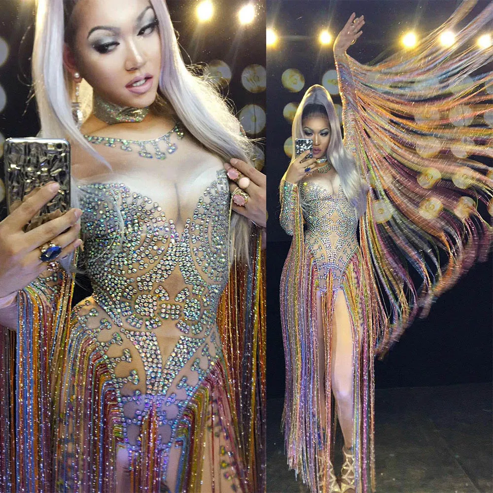 

Personality Performance Costume Multicolor Long Fringes Women Bodysuit Rhinestones Shining Bodycon Nightclub Outfit Stage Wear