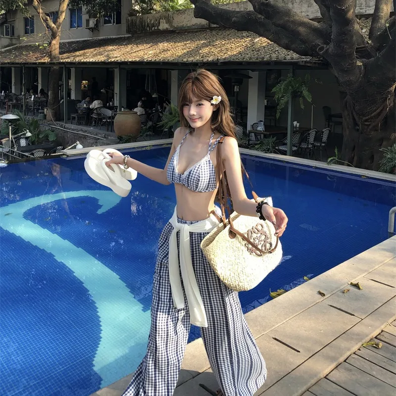 

Plaid casual drawstring wide leg pants bikini hanging neck suspender white T-shirt 2025 spring new sexy fashion 3piece set