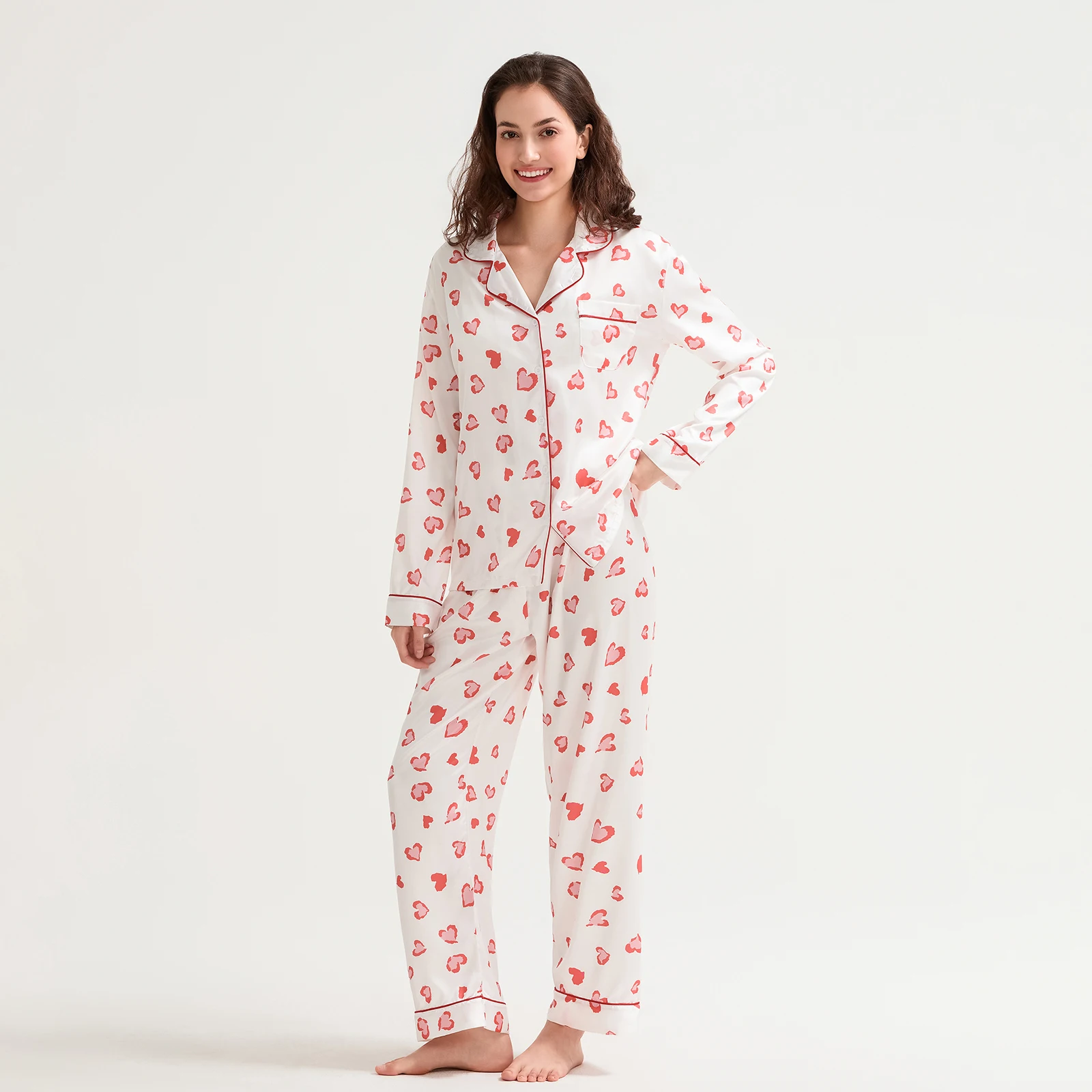 HEZIOWYUN 2-teiliges Pyjama-Set für Damen zum Valentinstag, süßes, langärmliges Hemd mit Herzmuster, Oberteile und Hosen mit elastischem Bund, Loungewear