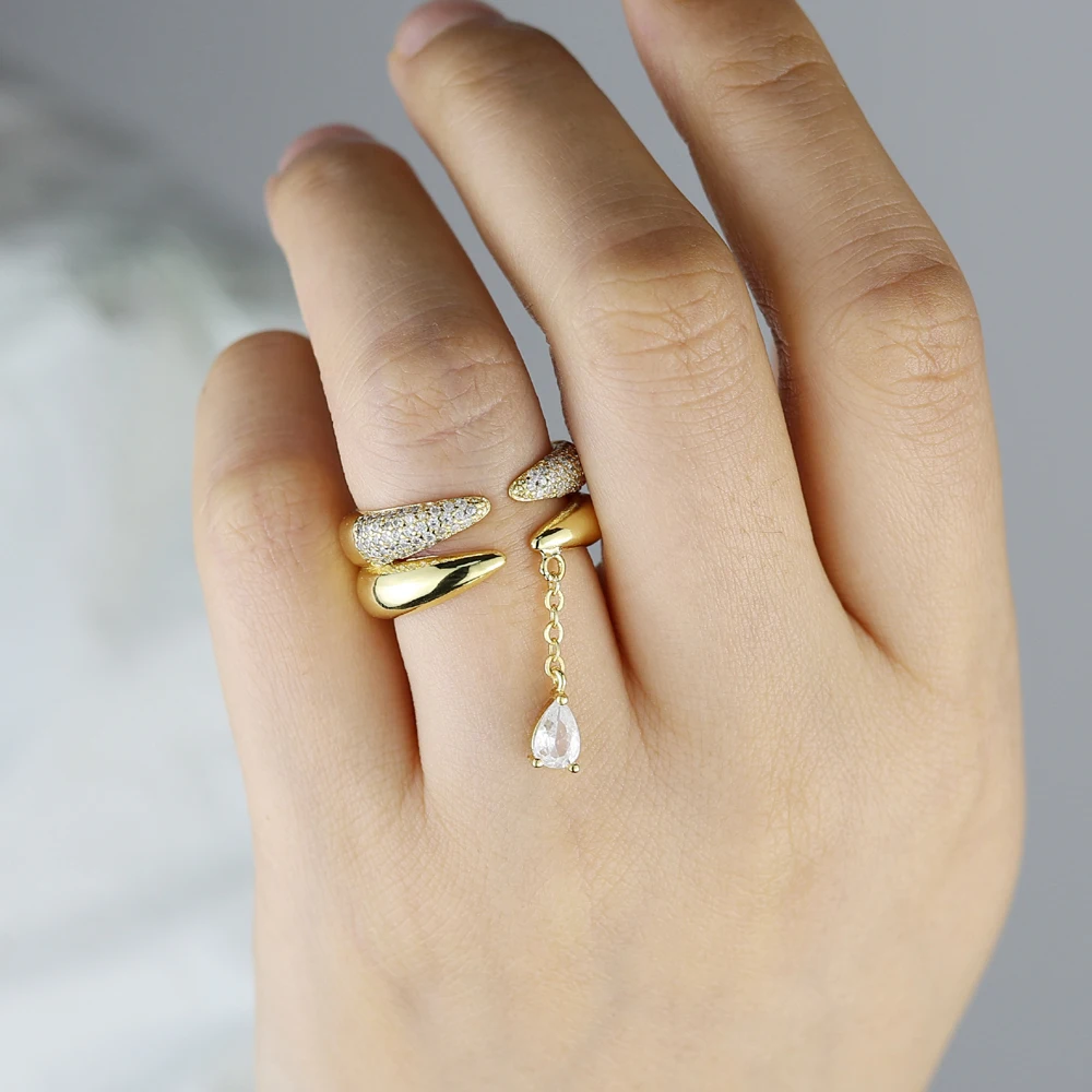 New Unusual Design Drop CZ Tassel Gold Color Open Ring Fashion Jewelry For Women Girl's Finger Exquisite Accessories