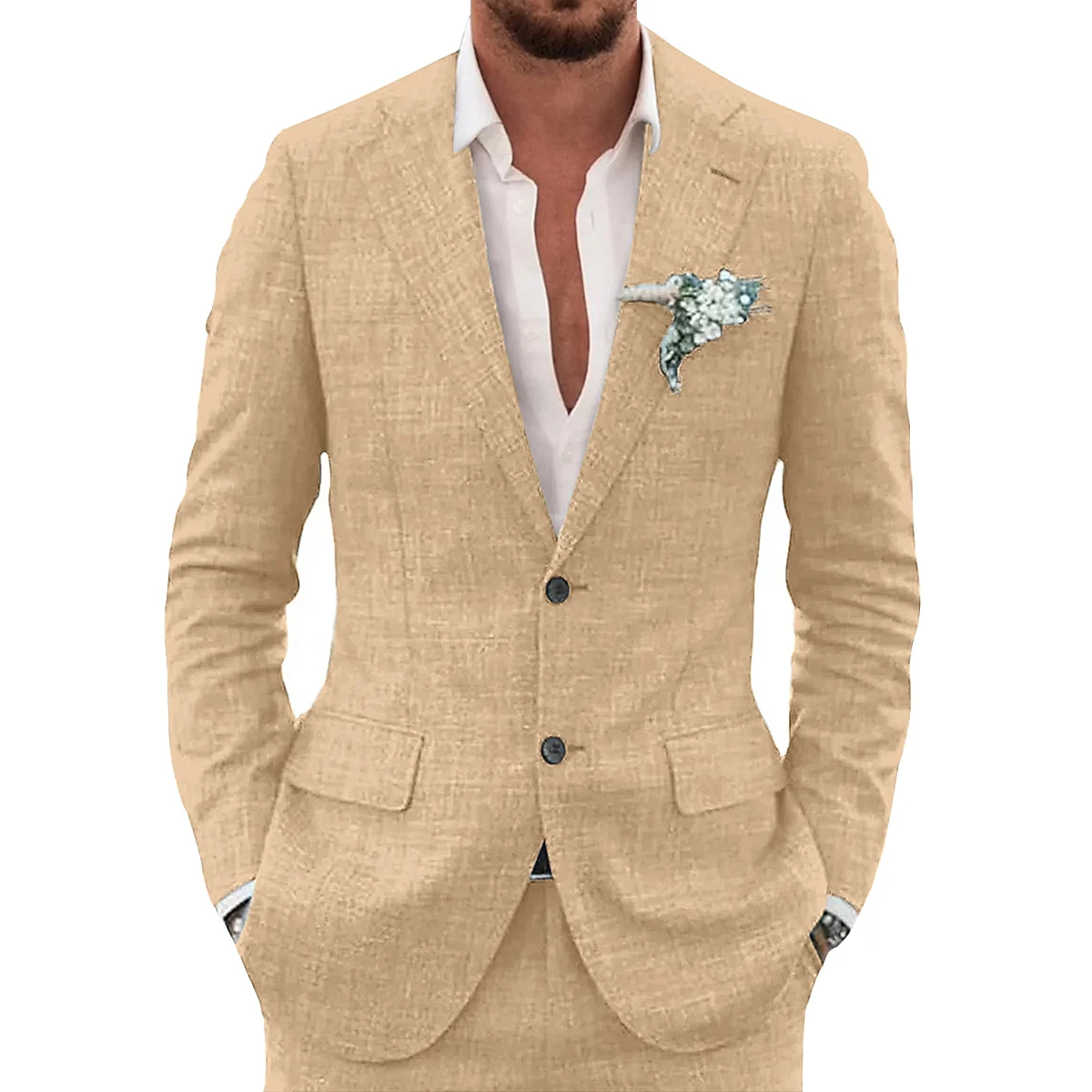 AnnieBritney Casual Summer Beach Linen Suits for Men Slim Fit Solid Suit Tuxedo 2 Set Trajes De Hombre Terno Masculino Completo