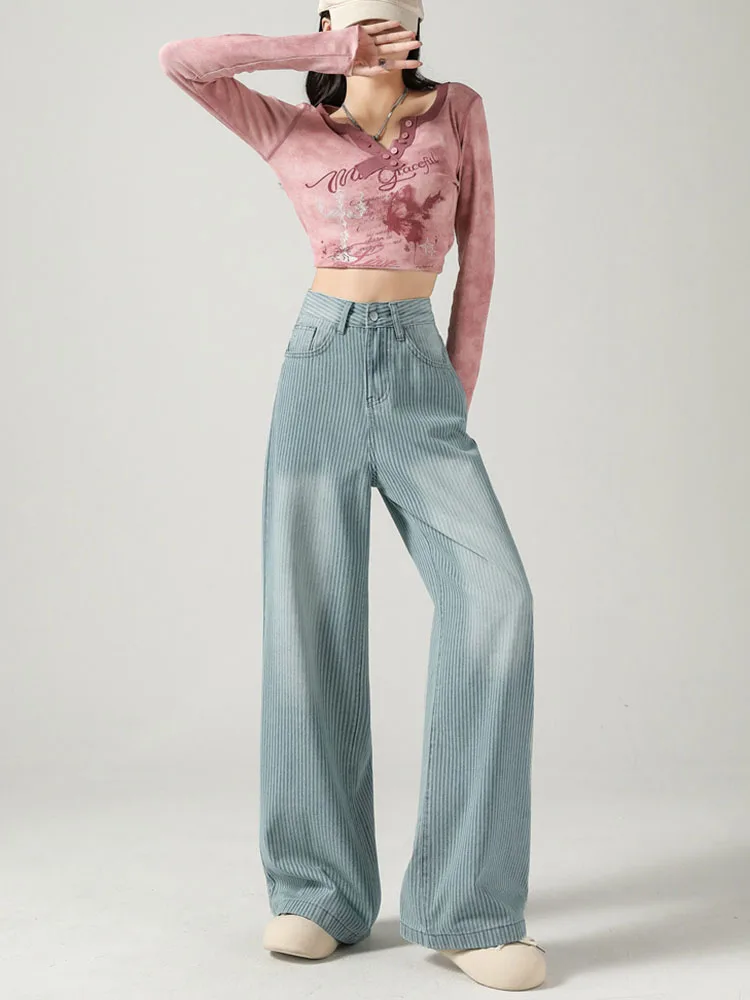 Gestreepte vintage jeans met wijde pijpen Baggy dames casual mode denim broek retro streetwear hoog getailleerde losse rechte vaqueros