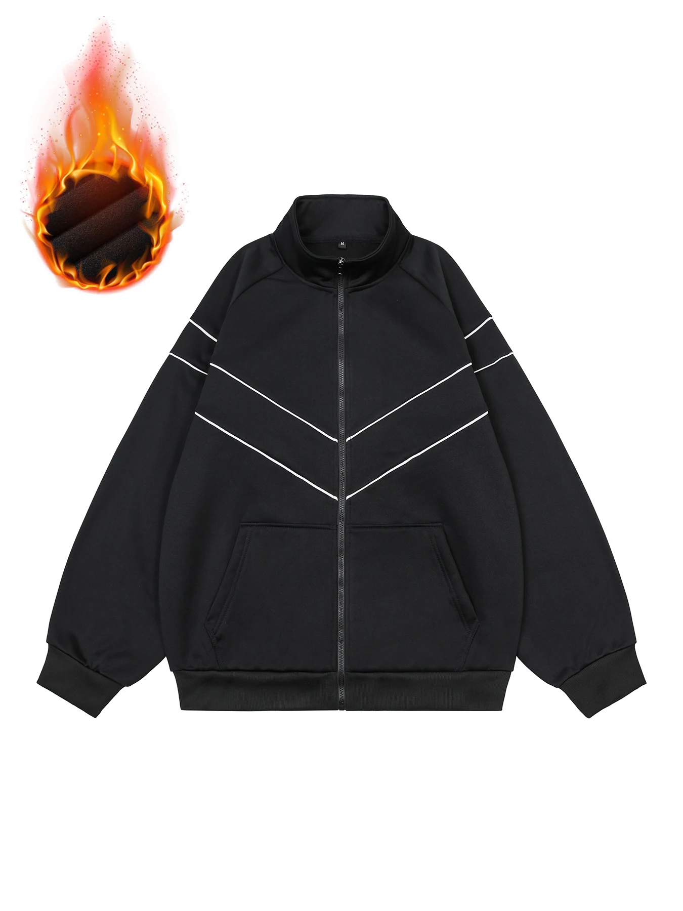 

Men's Fleece-Lined Full-Zip Jacket - Reflective Trim & Geometric Stripes, Stand Collar, Safe Edgy for Winter Night Streetwear