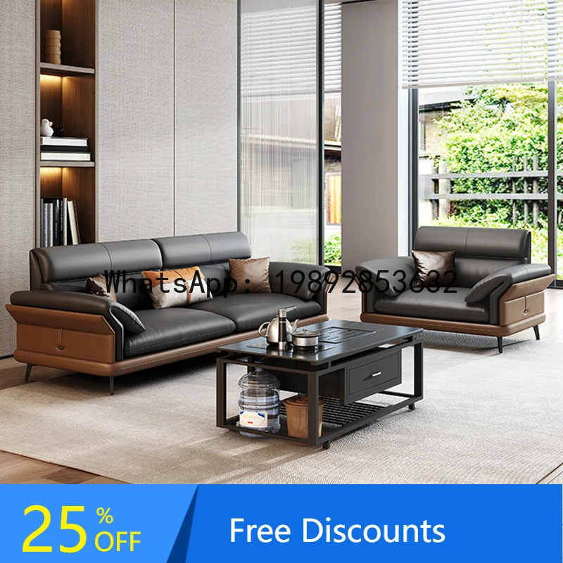 YFY Office Sofa Genuine Leather Simple Business Reception Room Guest Area Leisure Office Sofa Coffee Table Set Three-Seater