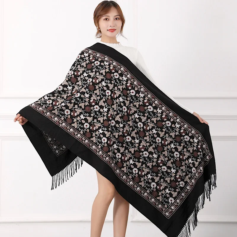 Poncho Cloak Ginkgo Leaf Sting Embroidery Imitation Cashmere Scarf Women's Ethnic Style Shawl Warm Cloak Tourism Wine Black