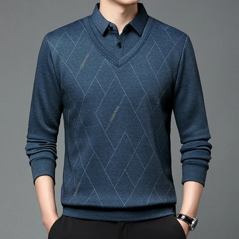 T-Shirt a maniche lunghe con risvolto da uomo invernale con peluche e calore addensato, camicia a due pezzi finta, maglione con colletto, camicia a maglia