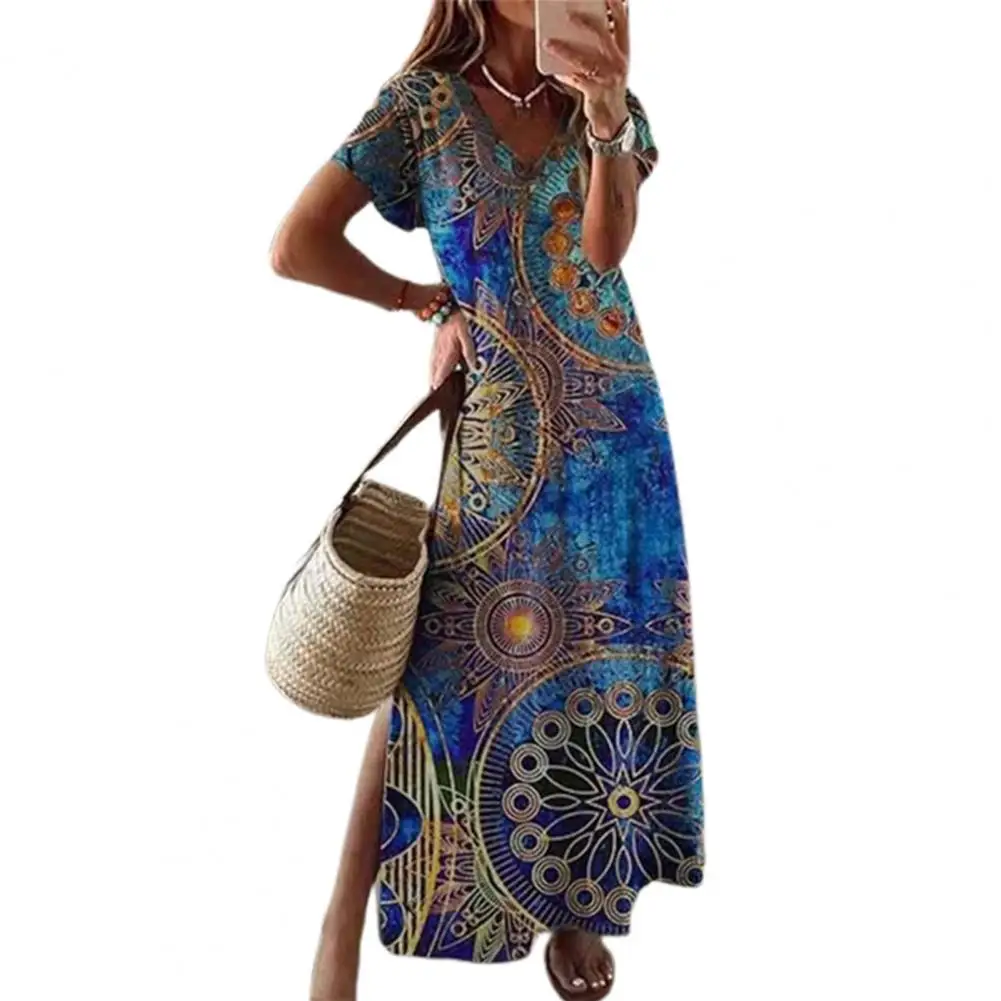 Boho Women Dress Vintage Ethnic Style Dresses Summer Short Sleeve Printed Sexy Split Long Maxi Dress