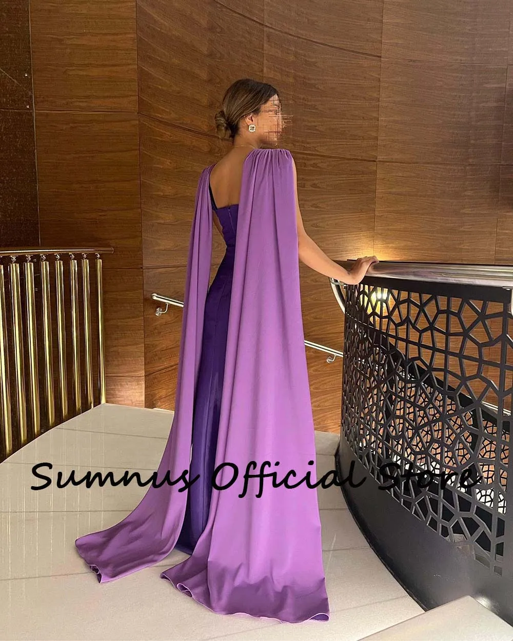 Sumnus Purple Mermaid Saudi Arabic Evening Dresses with Cape Satin Dubai Formal Women Gowns Floor Length Evening Party Dress