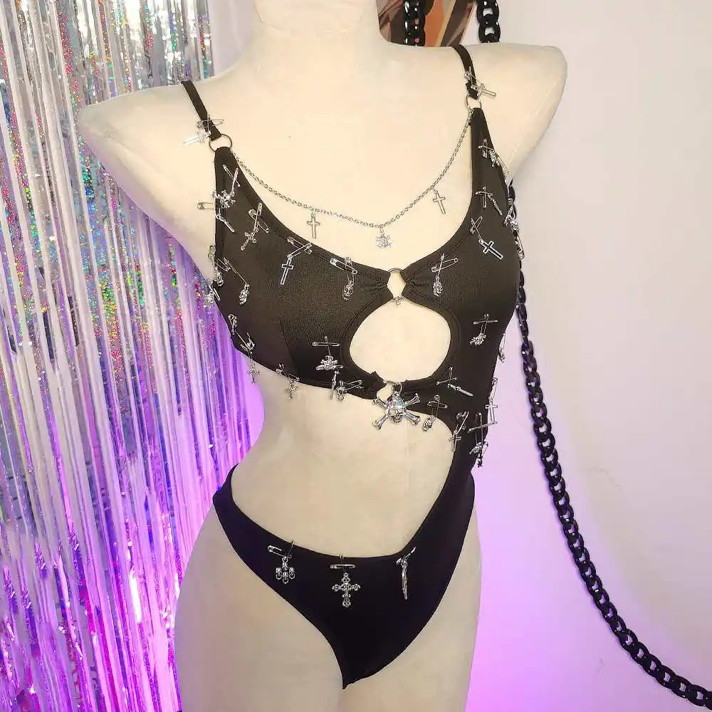 

Панк-рок-булавка ручной работы, модная Revival Y2K, бретелька с лямкой на шее, топы для электронных девочек, гранж-крест, глубокая цепочка с сердечником, гот, Харадзюку, эмо