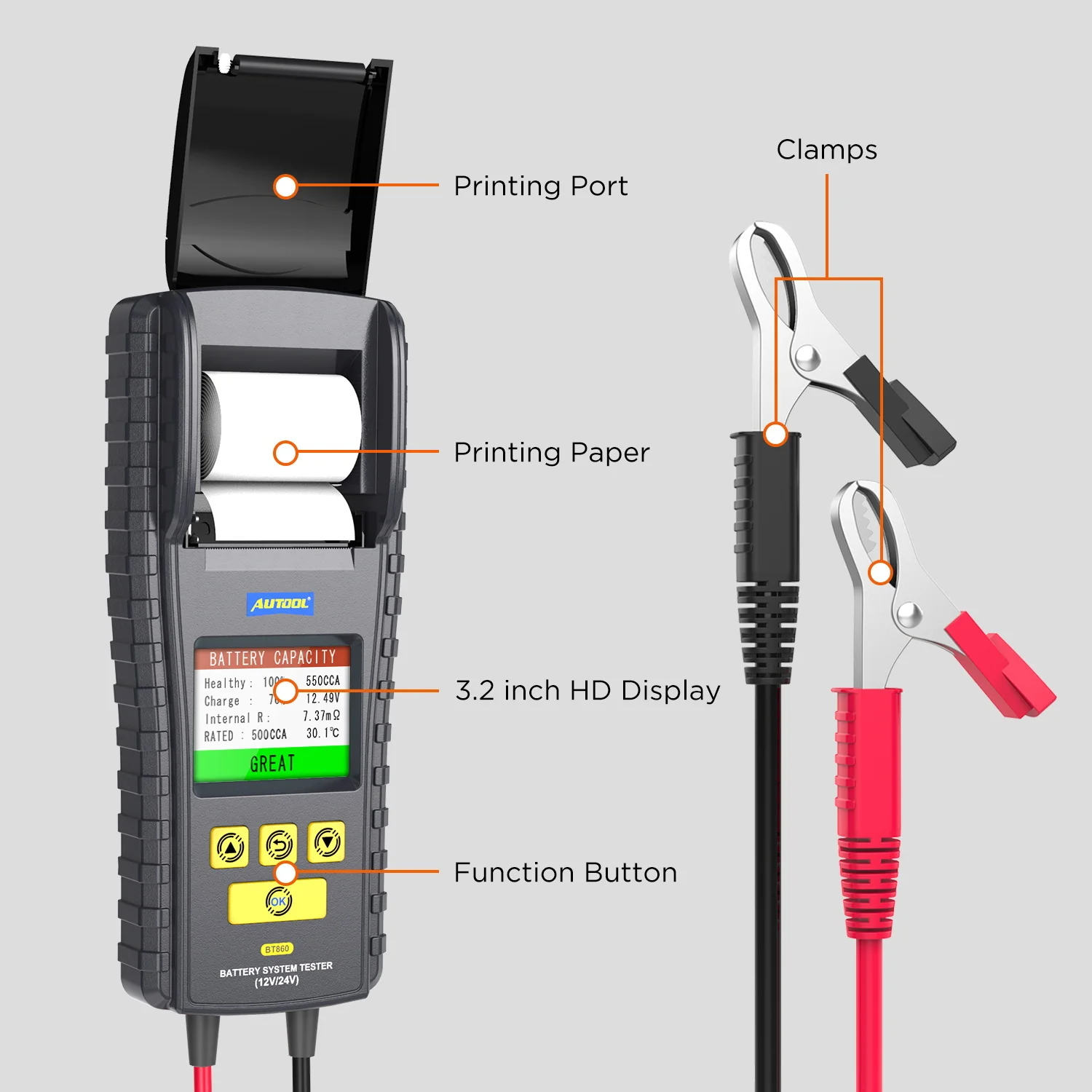 BT860 12V Car Battery Tester Printer USB Real Time Temperature Monitoring 3.2inch Color Screen Tool 12 Months Warranty