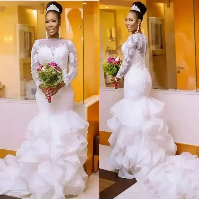 تخصيص حورية البحر الزفاف زائد حجم شير الرقبة الدانتيل الكشكشة الأورجانزا المتدرج تنورة طويلة الأكمام فستان الزفاف الأفريقي