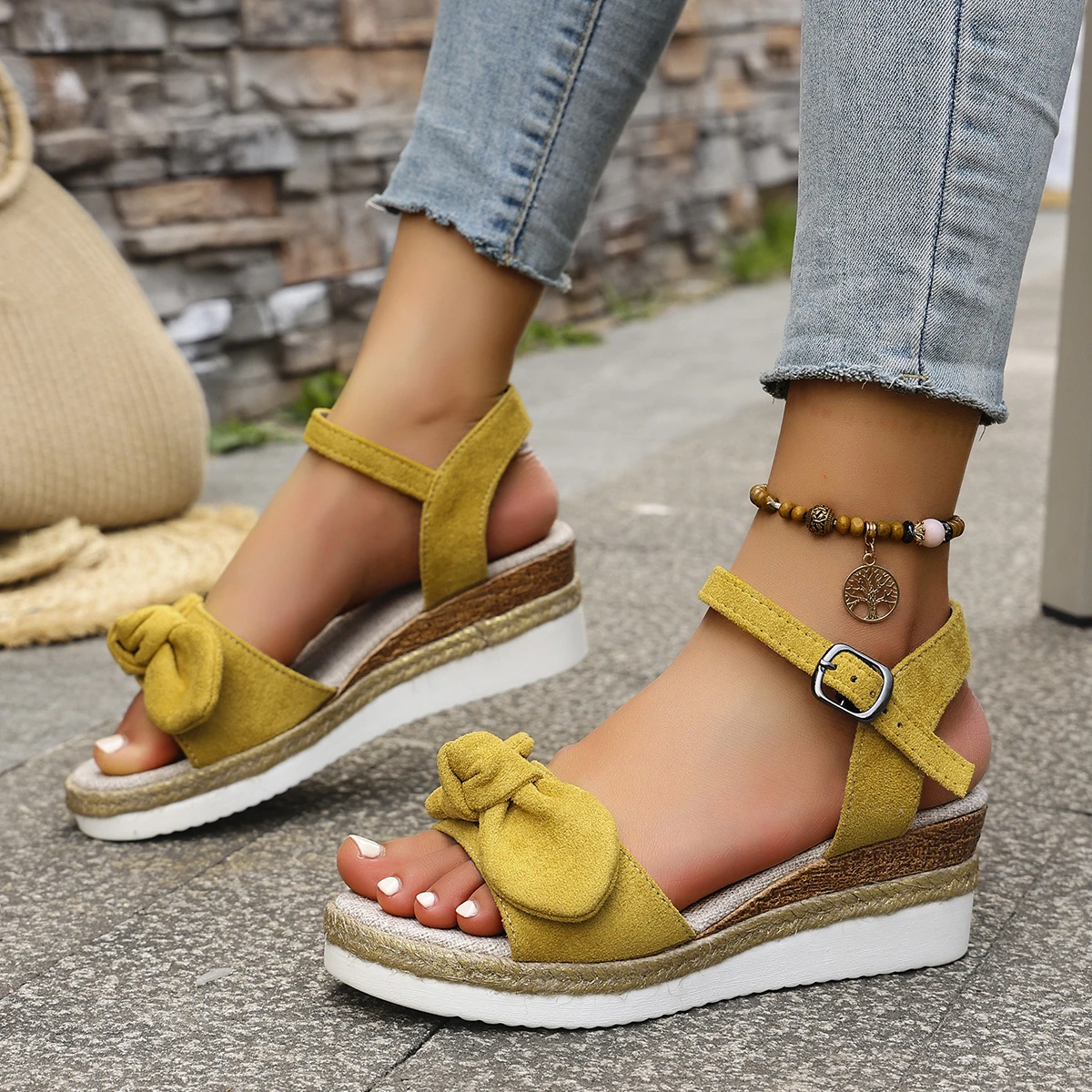 

2025 Summer New Bow Wedge Heel Sandals New Fashion Platform Thick Bottom Sandals Buckle Casual Comfortable Sandals for Shoes