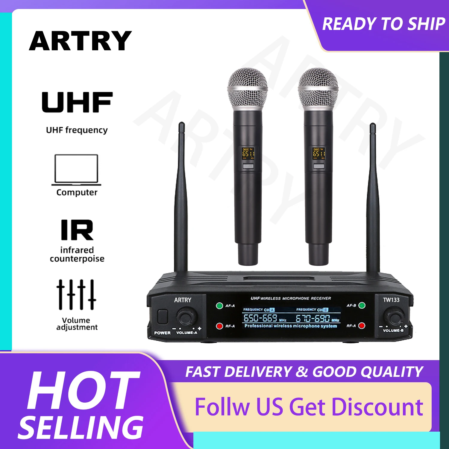 

ARTRY TW133 Microfone Sem Fio, Microfone Dinâmico UHF Profissional, Freqüência Automática, Party Stage, Church Show, Karaoke Re