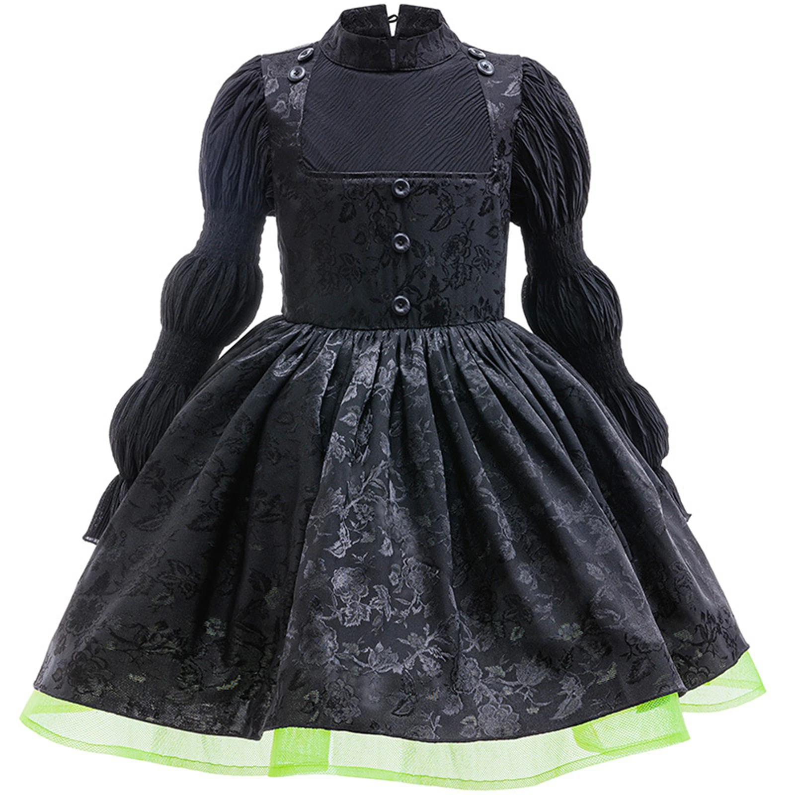 

Movie Elphaba Girl Cosplay Costume Kids Witch Black Fluffy Dress With Patterned Bubble Sleeves Halloween Carnival Party Uniform