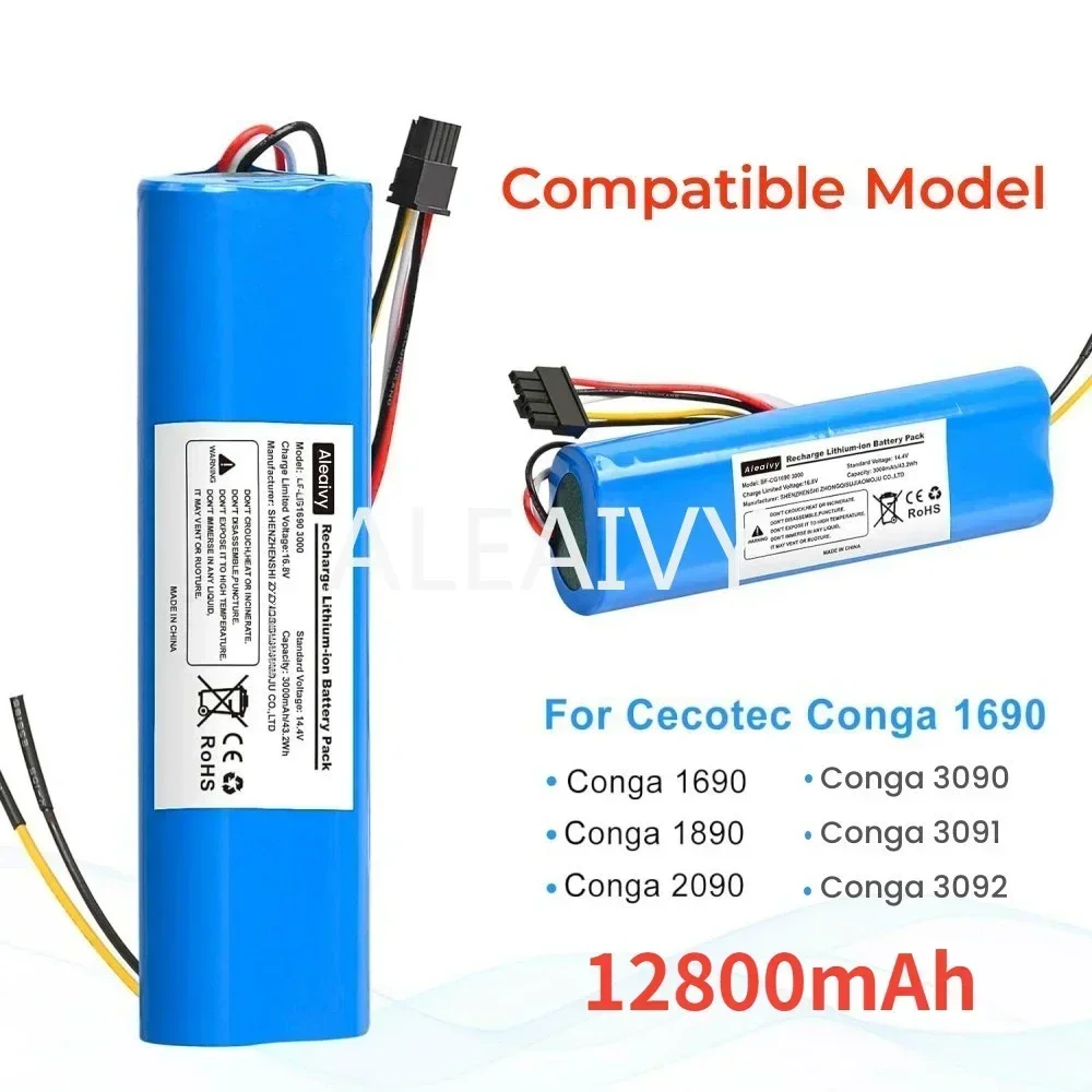 CECOTEC 12800mAh Li-ion Battery for CONGA 3090 3091 3092 1690 1890 2090 Robot Vacuum Cleaner Replacement Accessories 14.4 Volt