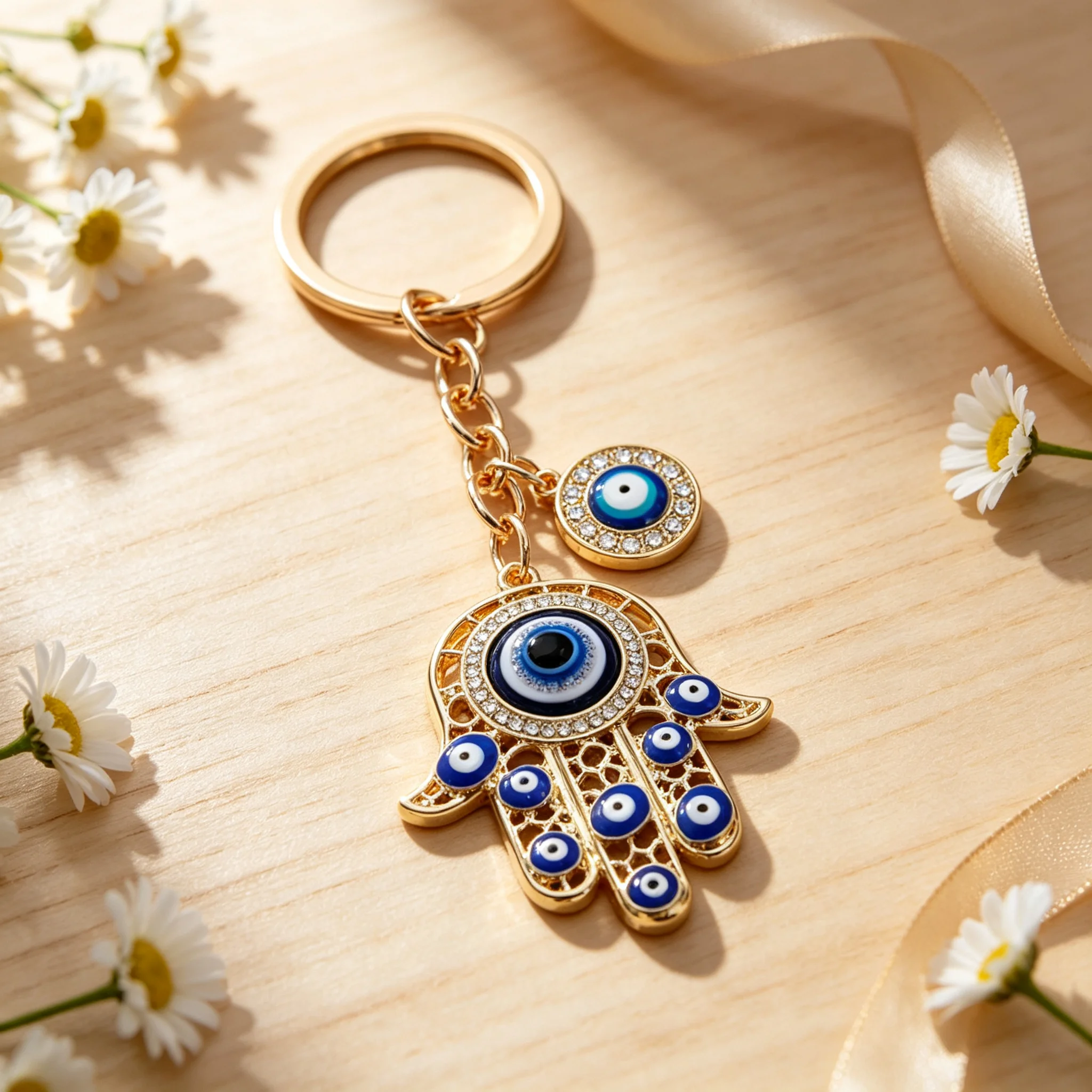 Strass-Schlüsselanhänger mit türkischem Bösem Auge und Hamsa-Hand, Glücksbringer Fatima-Hand aus Legierung, Taschen- und Autoanhänger, Amulett, Schmuckgeschenk für Damen und Herren – Detail 3