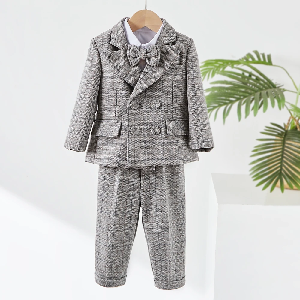 Baby photography clothes Tweed Suit Set Baby Elegant Clothing Set Gray Plaid Boy's 3 Pce Suit Slim Children Wedding Luxury Dress