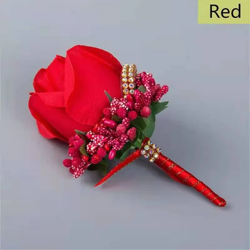 Red Artifical Rose Boutonniere Flowers Mensuit Groomsmen Bridesmaid Wrist Corsage Wedding buttonholes Accessories