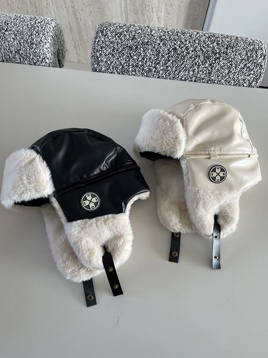 

Leather windproof Lei Feng hat men's and women's winter outdoor thickened plush cold-proof cycling ear cap