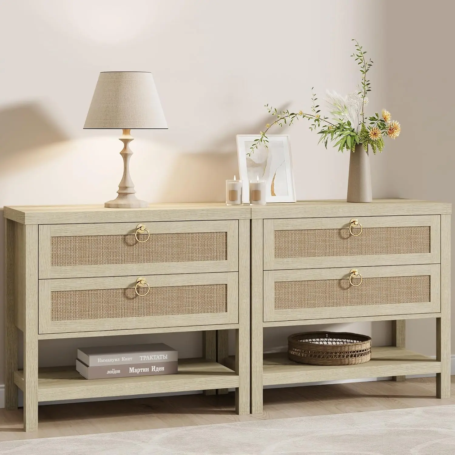 Large Rattan Nightstand 2 Drawers Storage Shelf Bedroom Furniture, Customized