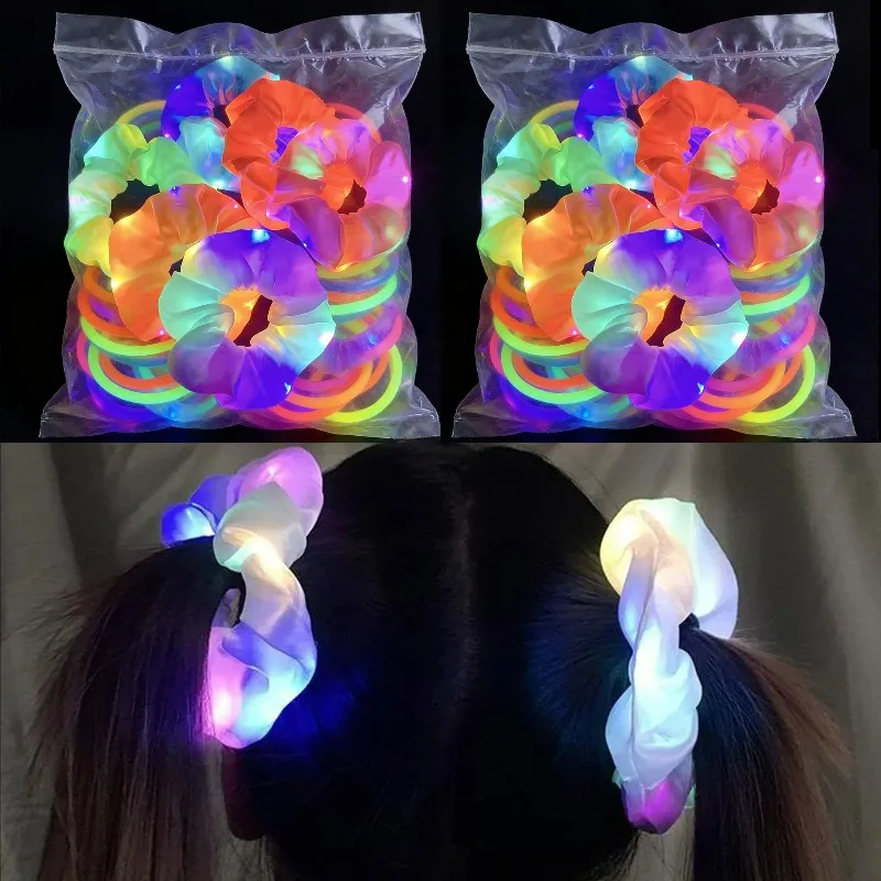 

10Pcs LED Light Hair Scrunchies Light Up Scrunchies Elastic Glow Hairbands Hair Scrunchies Glow Mermaid Party Favors Supplies